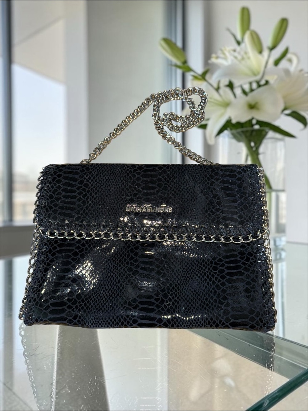 Michael Kors Black Patent Snake-Embossed Clutch/ Shoulder Bag w/ two way chain